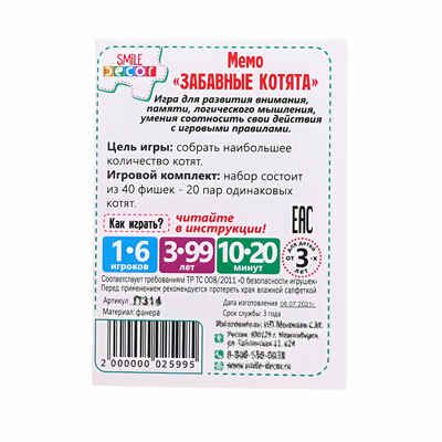 Мемо Забавные котята, арт. 7353976, производитель Smile DECOR, ISBN 200-0-00002-599-5 № 5