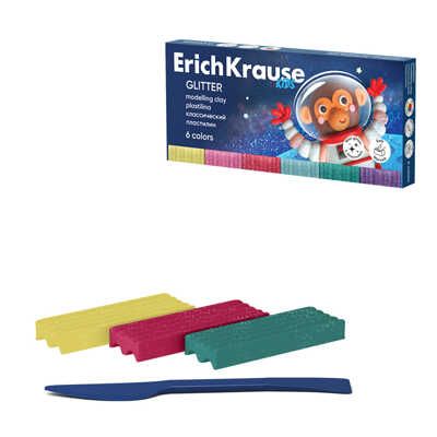Пластилин классический ErichKrause Kids Звери в космосе Glitter с блестками 6 цветов со стеком, арт. 61337, производитель ErichKrause® (Эрих Краузе), ISBN 465-0-18461-337-2 № 1